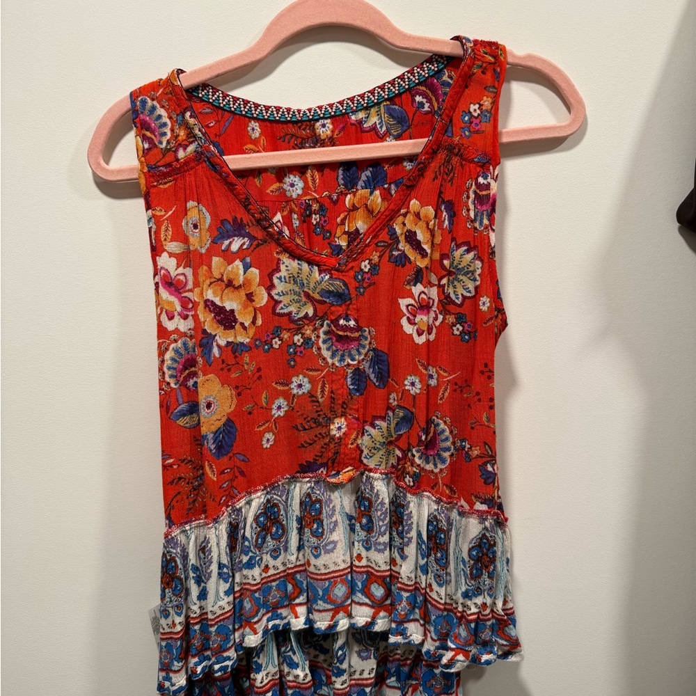 Floral Sleeveless Top - Red and Blue
